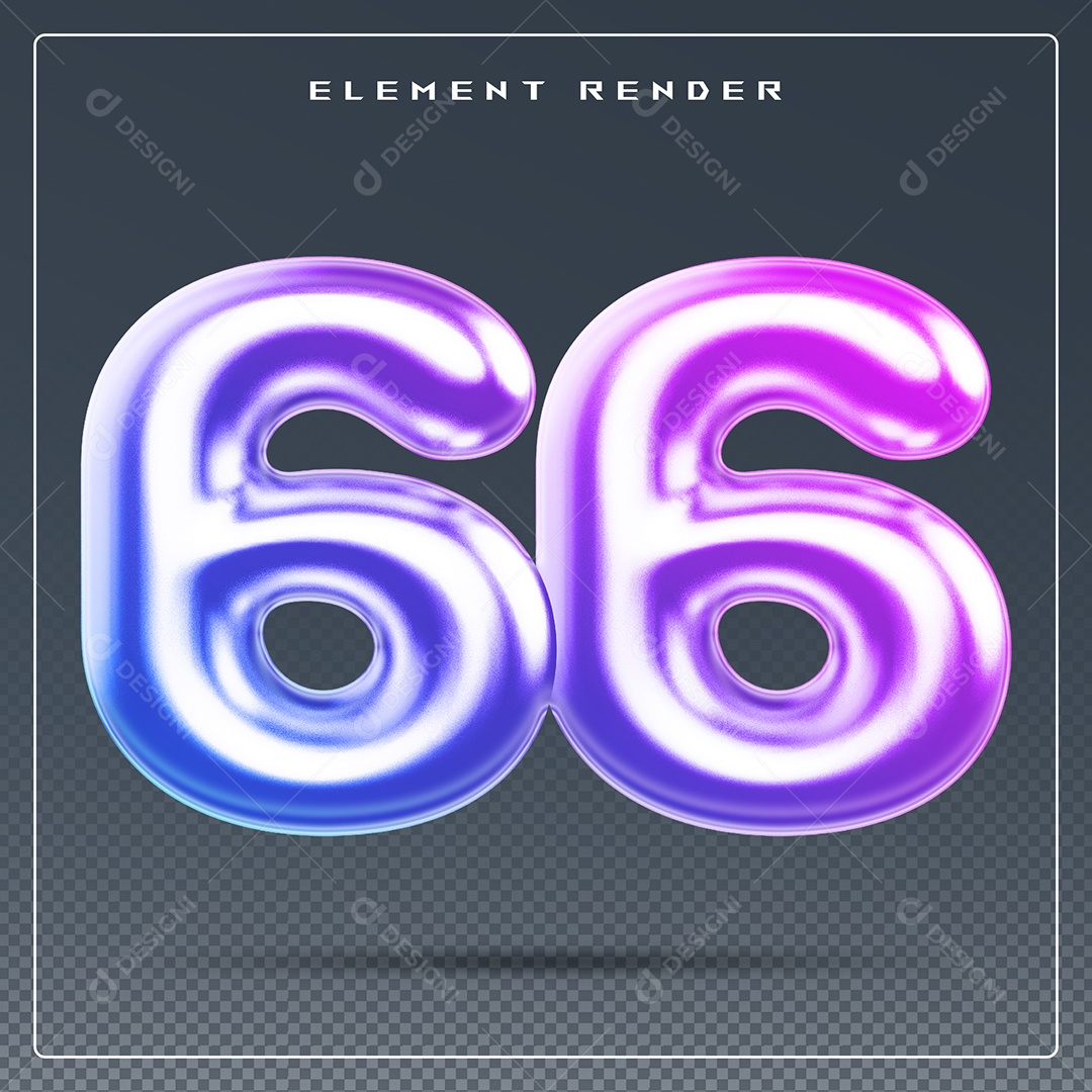 Elemento 3D Número 66 Colorido para Composição PSD