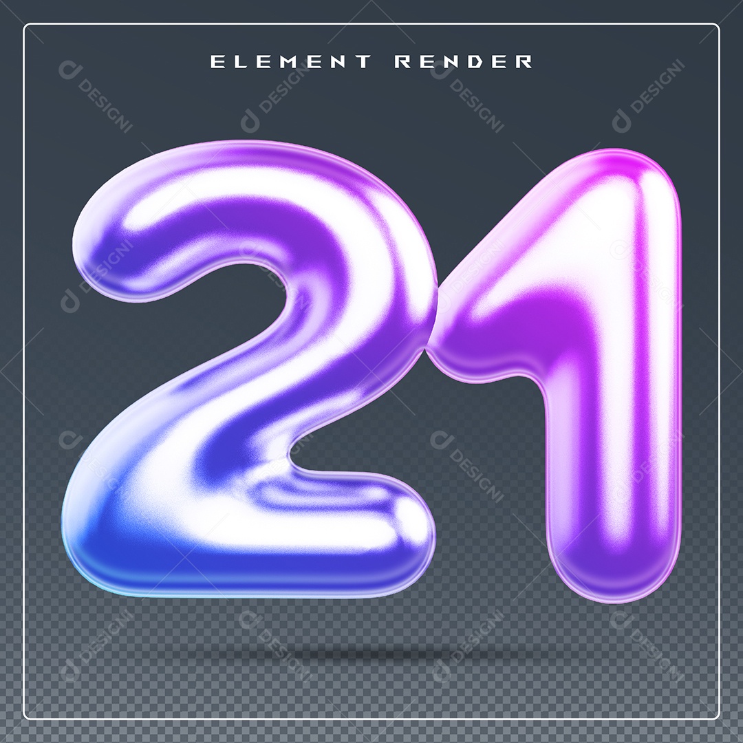 Elemento 3D Número 21 Colorido para Composição PSD