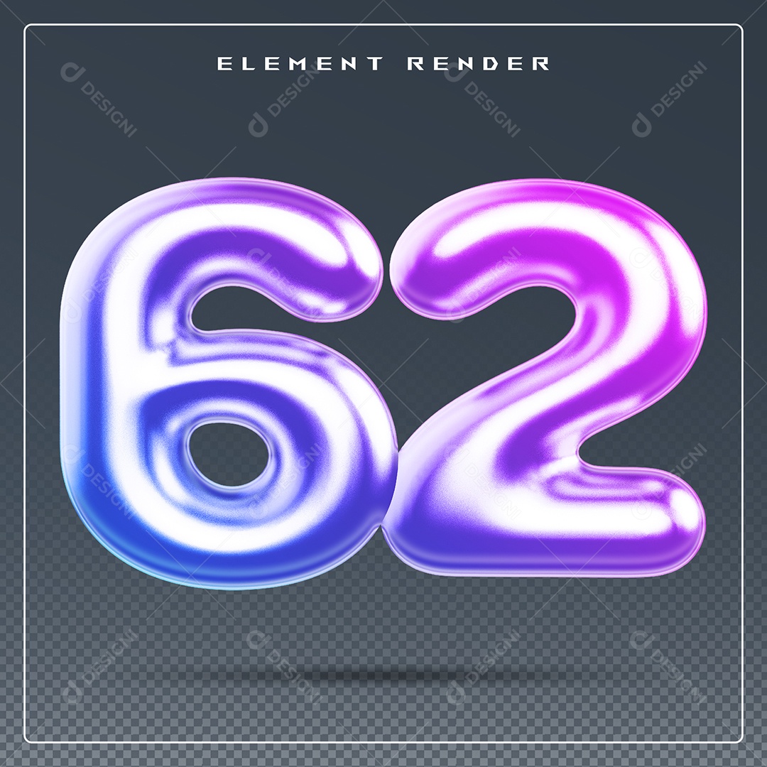 Elemento 3D Número 62 Colorido para Composição PSD