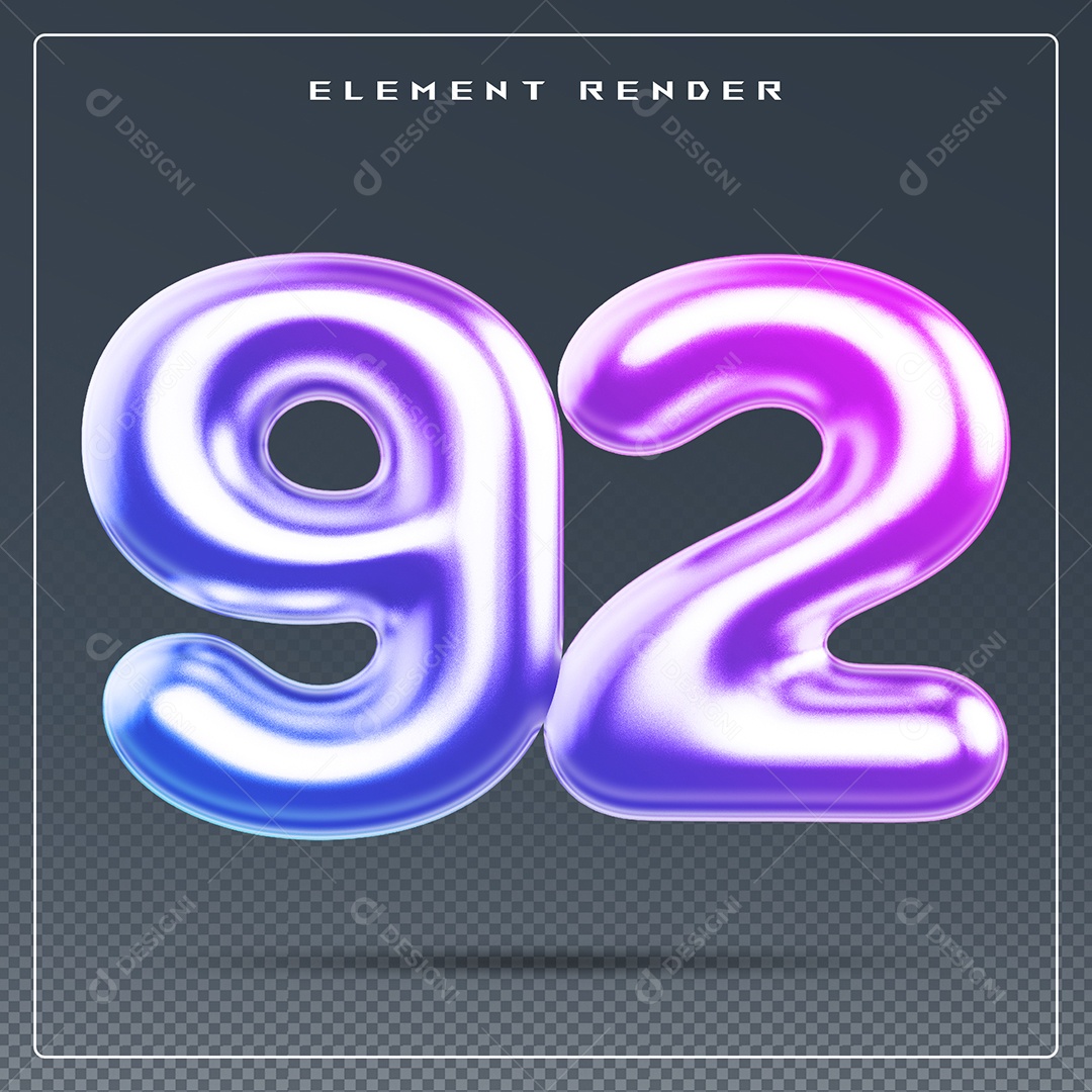 Elemento 3D Número 92 Colorido para Composição PSD