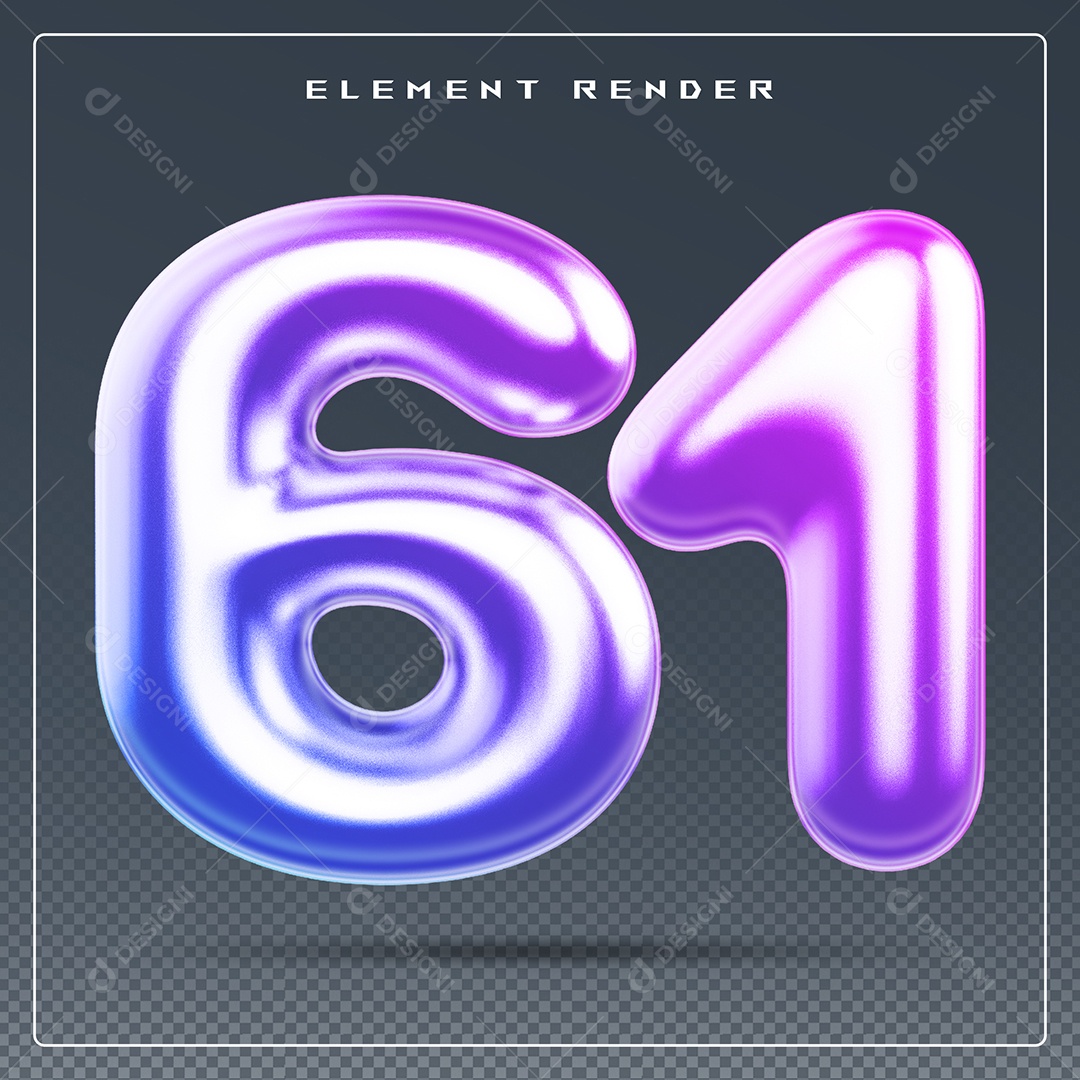 Elemento 3D Número 61 Colorido para Composição PSD