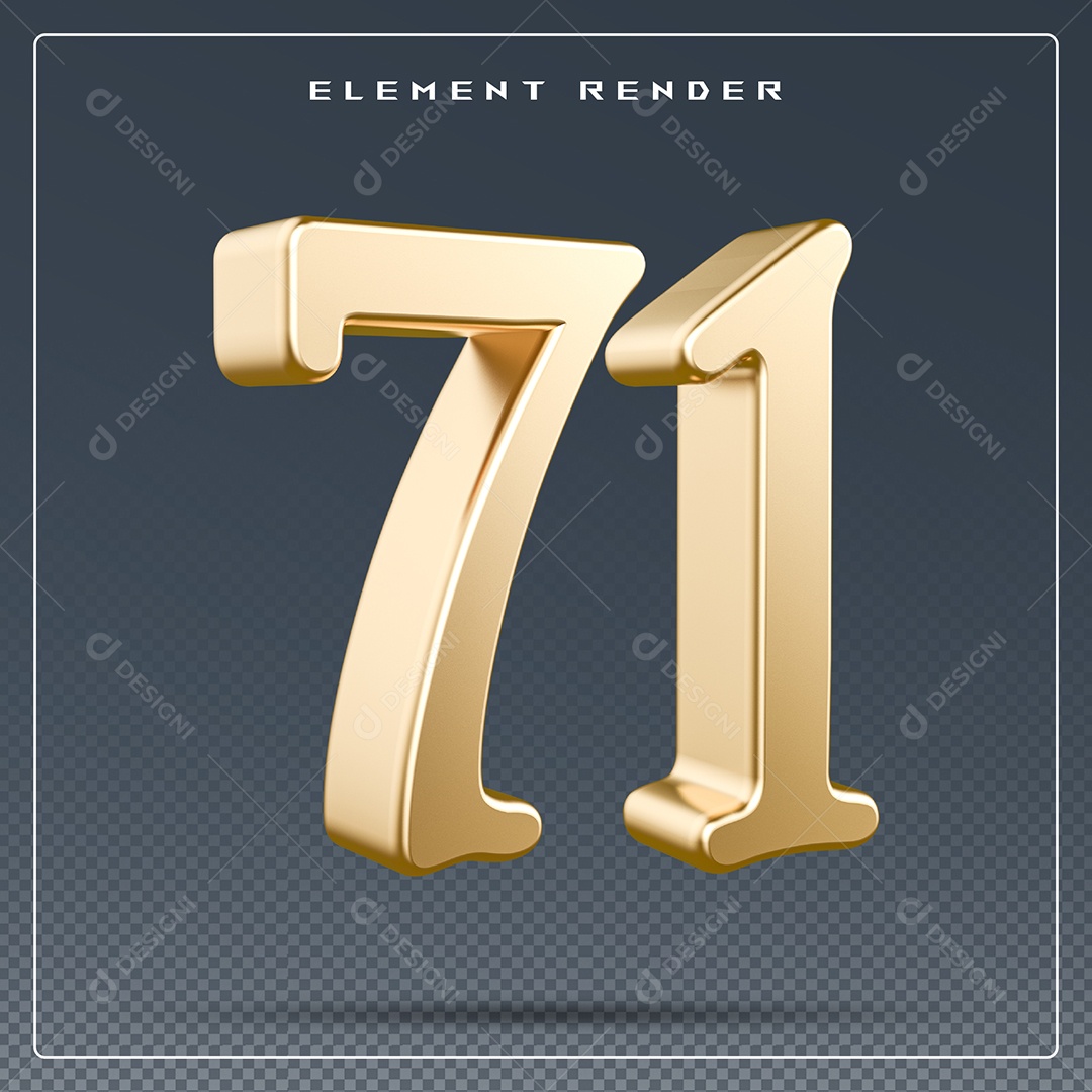 Elemento 3D Número 71 Dourado para Composição PSD