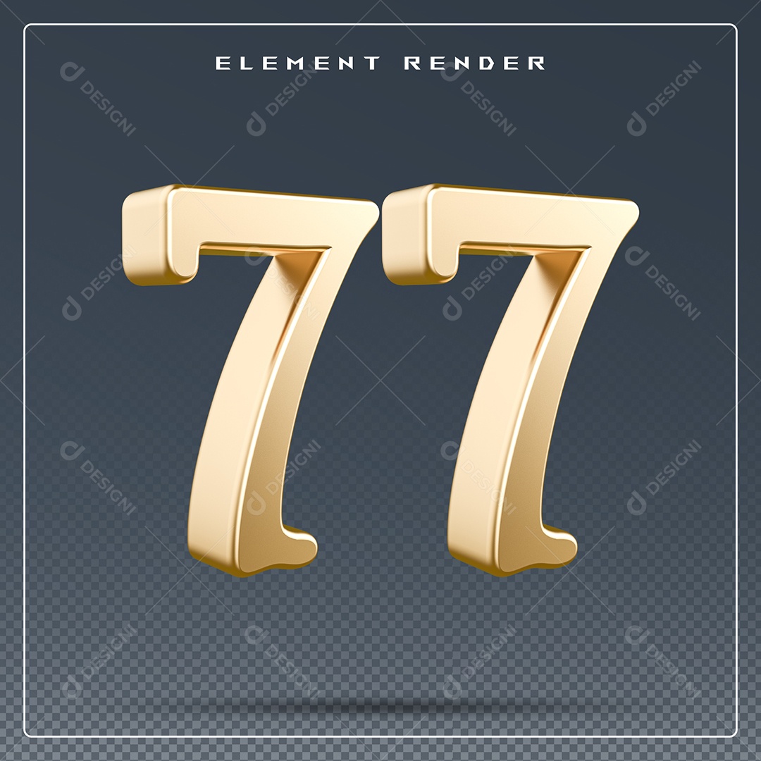 Elemento 3D Número 77 Dourado para Composição PSD