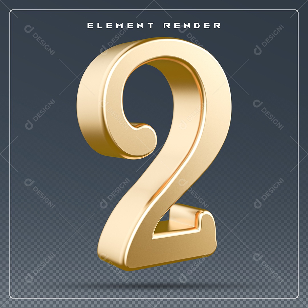 Elemento 3D Número 2 Dourado para Composição PSD