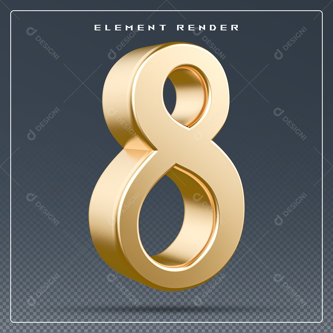 Elemento 3D Número 8 Dourado para Composição PSD