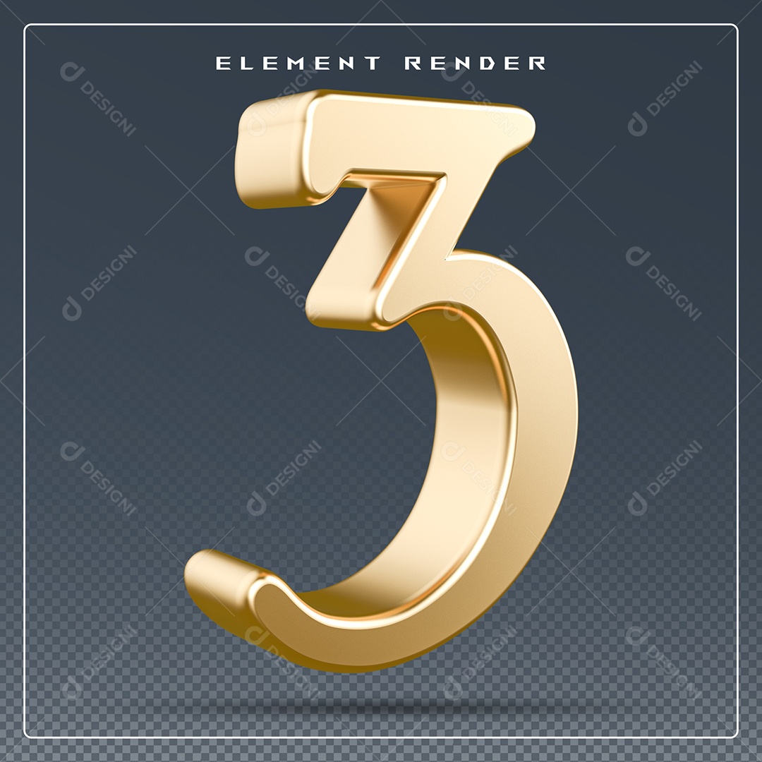 Elemento 3D Número 3 Dourado para Composição PSD