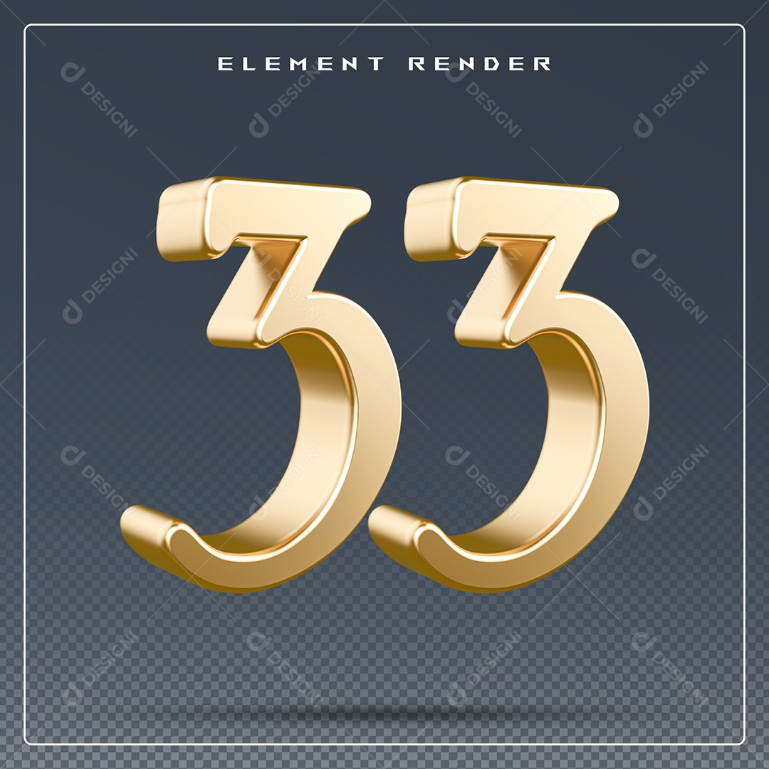 Elemento 3D Número 33 Dourado para Composição PSD