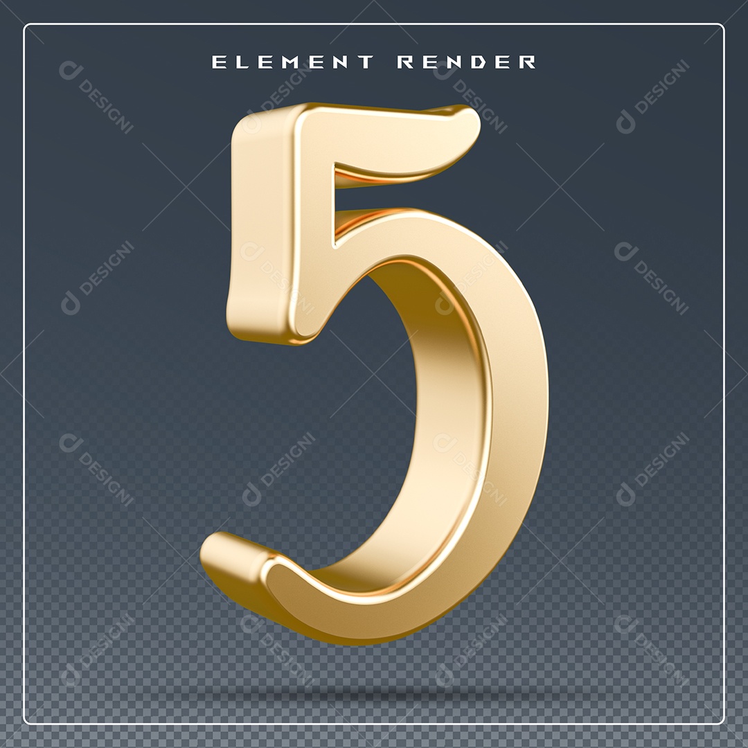 Elemento 3D Número 5 Dourado para Composição PSD