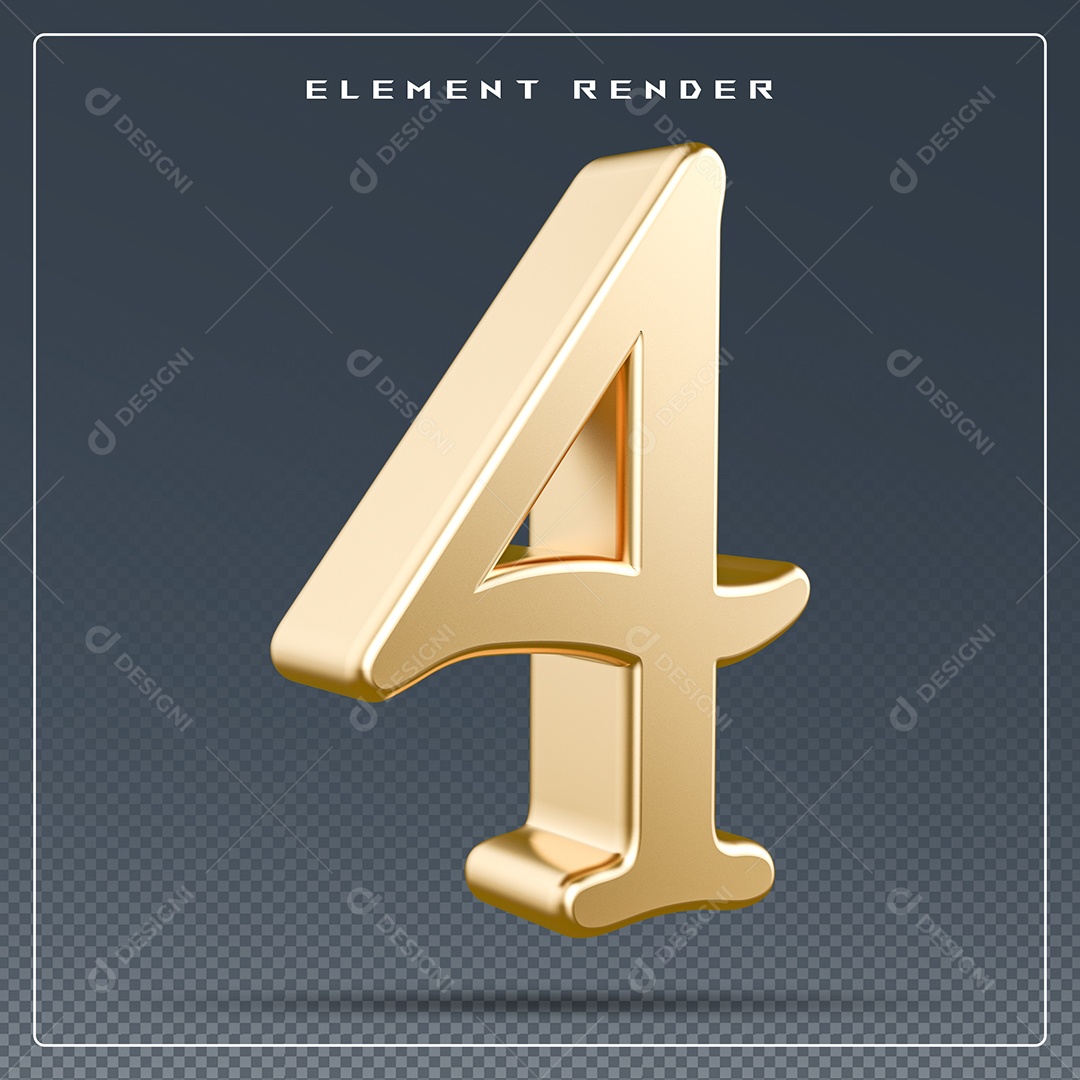 Elemento 3D Número 4 Dourado para Composição PSD