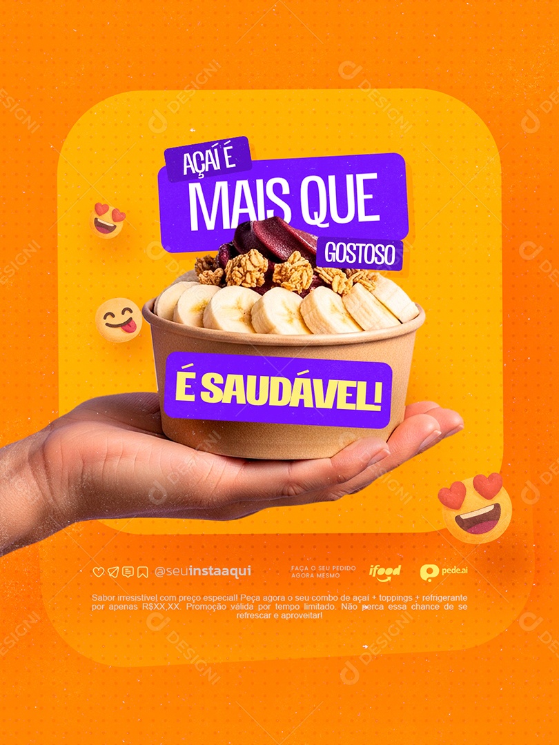 Açaiteria Açaí é Mais Que Gostoso é Saudável Social Media PSD Editável