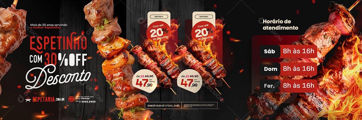 Carrossel Churrascaria Espetinho com 30% Off Desconto Social Media PSD Editável