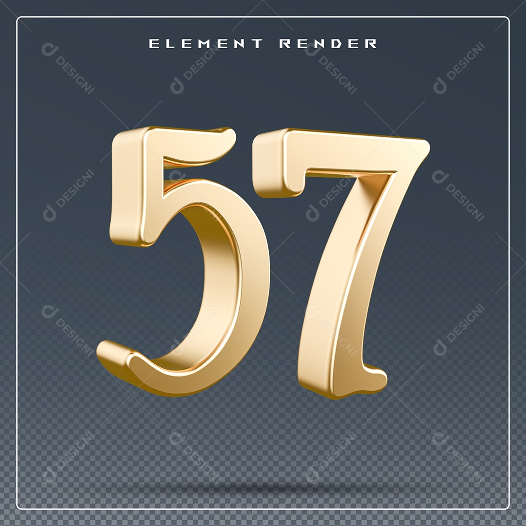 Elemento 3D Número 57 Dourado para Composição PSD