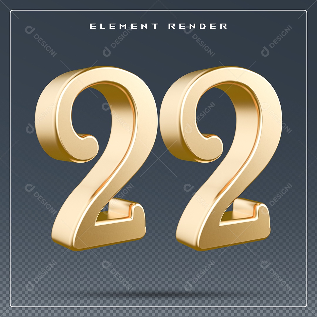 Elemento 3D Número 22 Dourado para Composição PSD