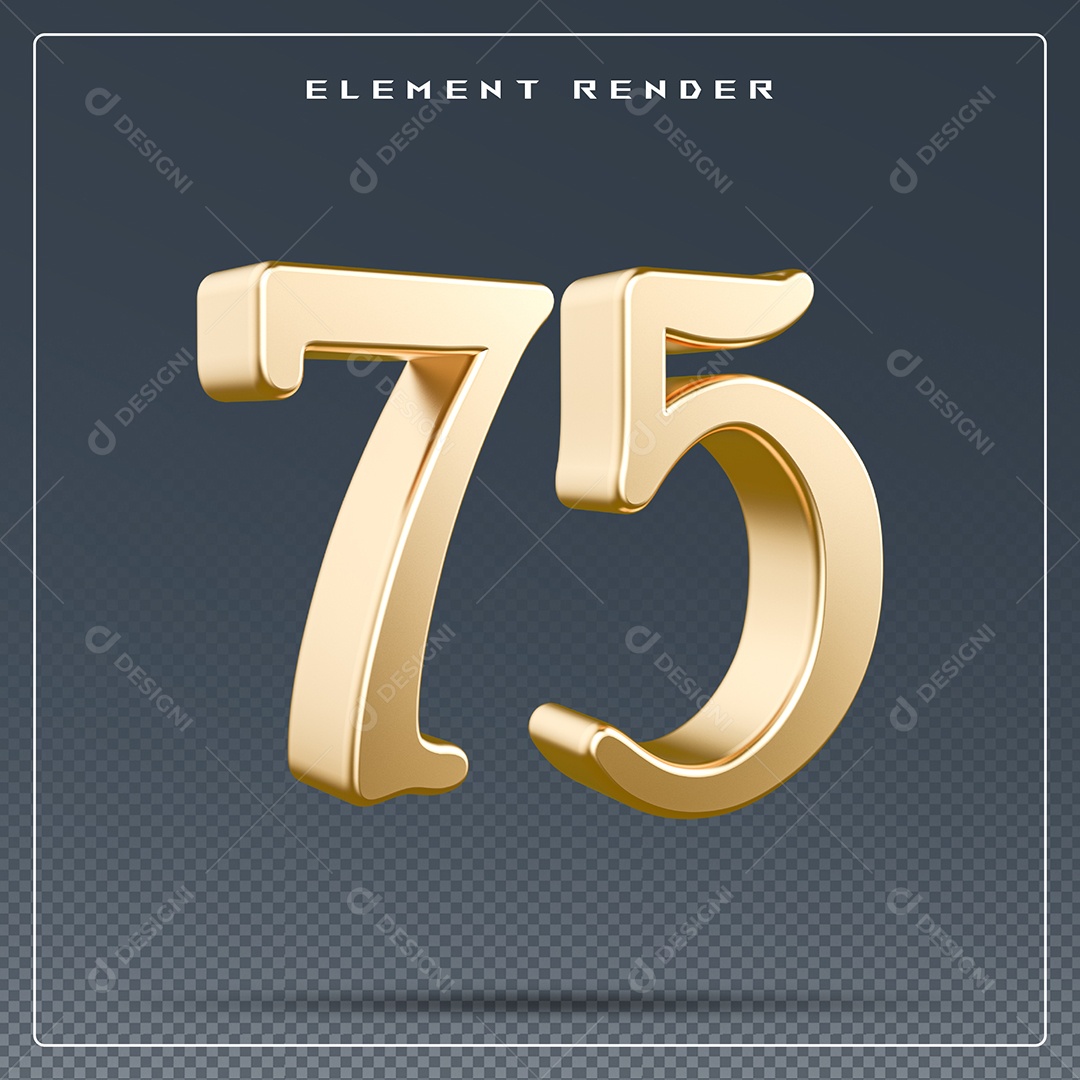 Elemento 3D Número 75 Dourado para Composição PSD