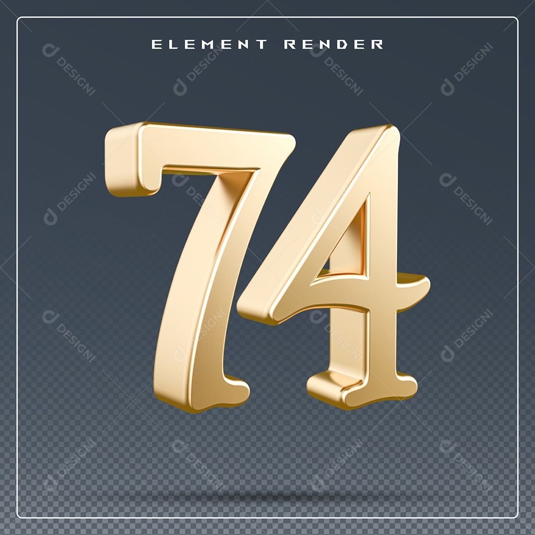 Elemento 3D Número 74 Dourado para Composição PSD