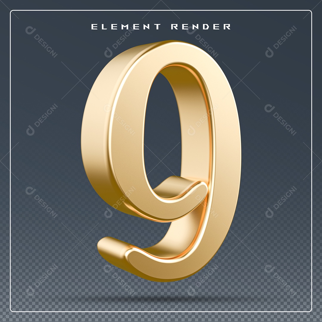 Elemento 3D Número 9 Dourado para Composição PSD