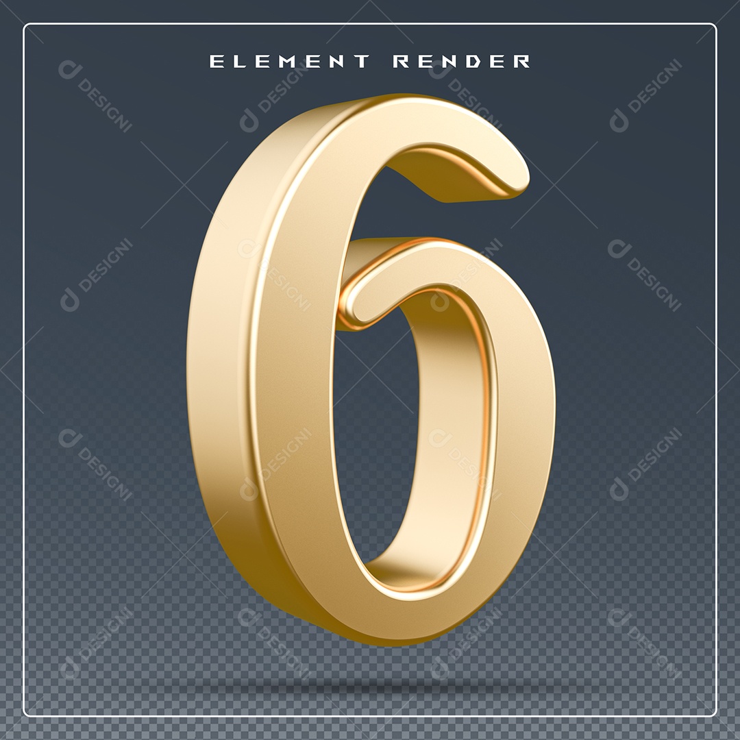 Elemento 3D Número 6 Dourado para Composição PSD