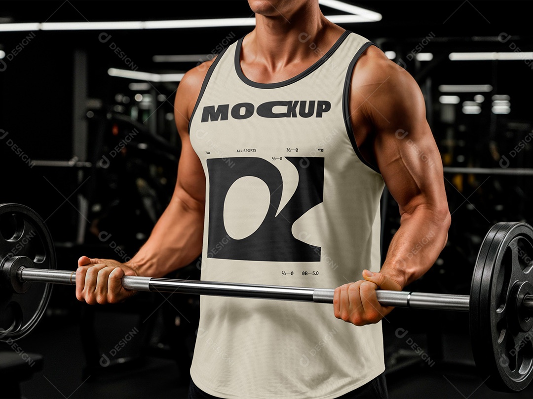 Homem com Camiseta Regata na Academia Mockup PSD Editável