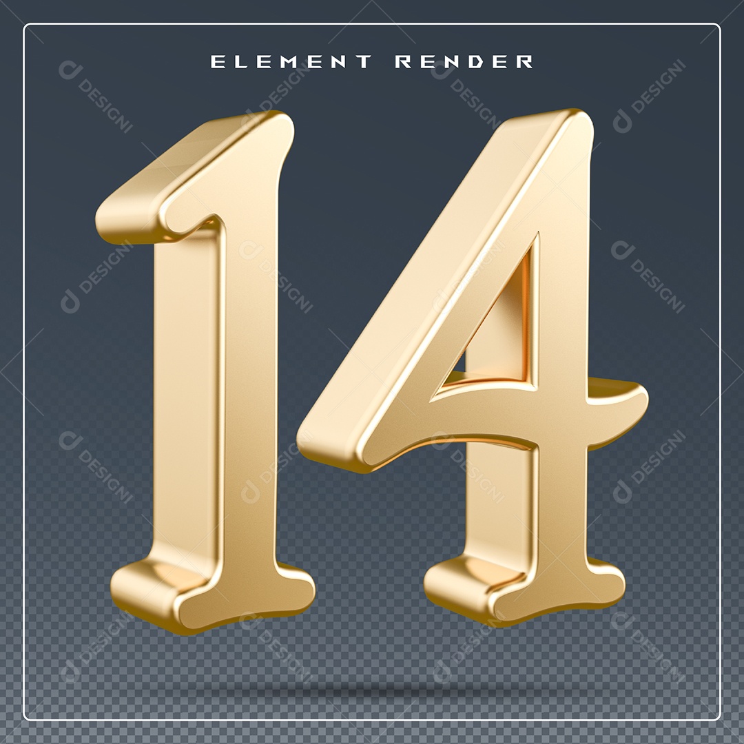 Elemento 3D Número 14 Dourado para Composição PSD