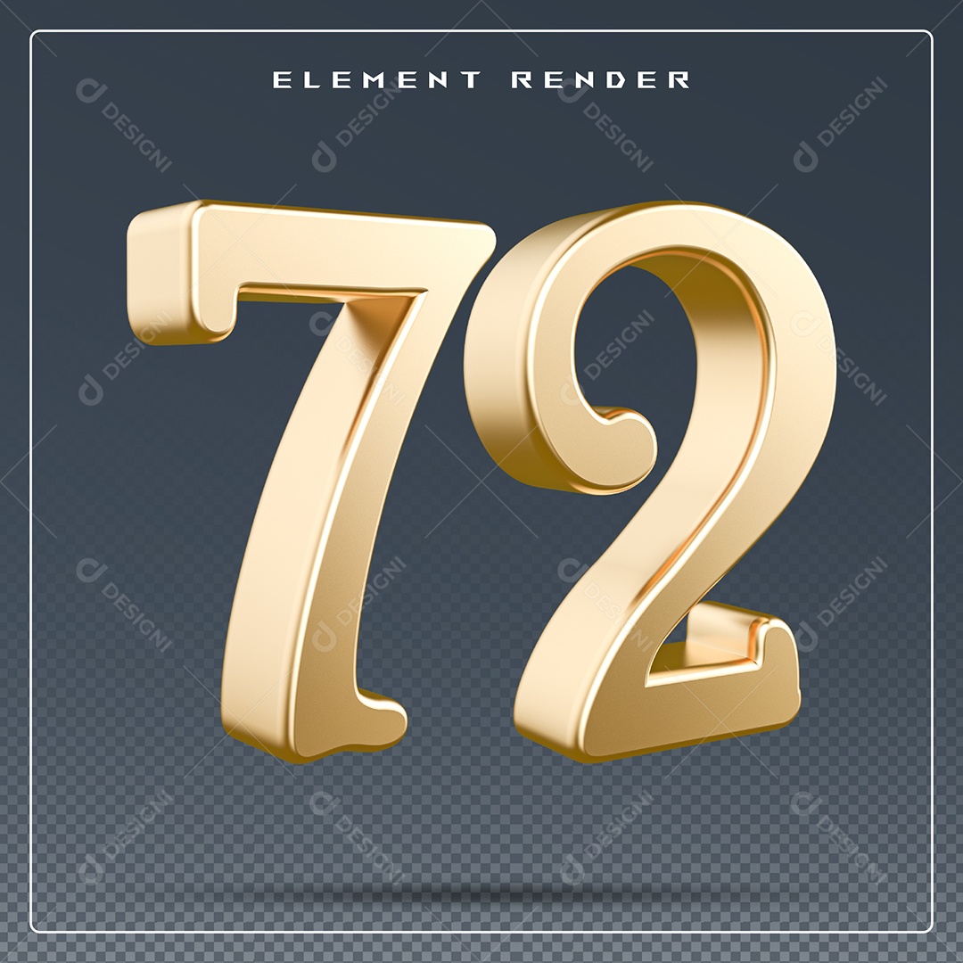 Elemento 3D Número 72 Dourado para Composição PSD