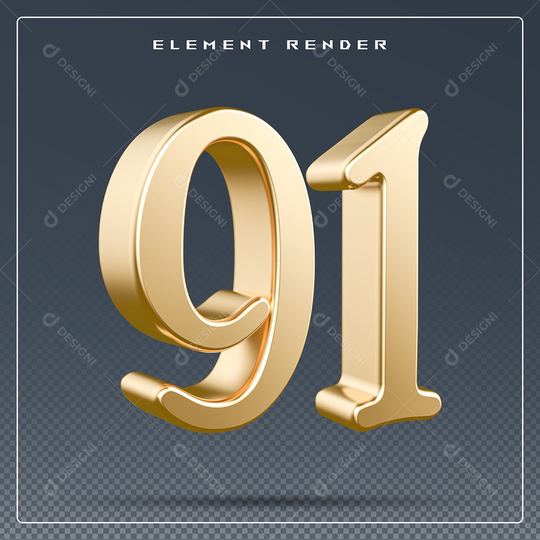Elemento 3D Número 91 Dourado para Composição PSD