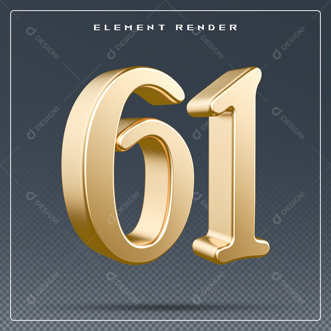 Elemento 3D Número 61 Dourado para Composição PSD