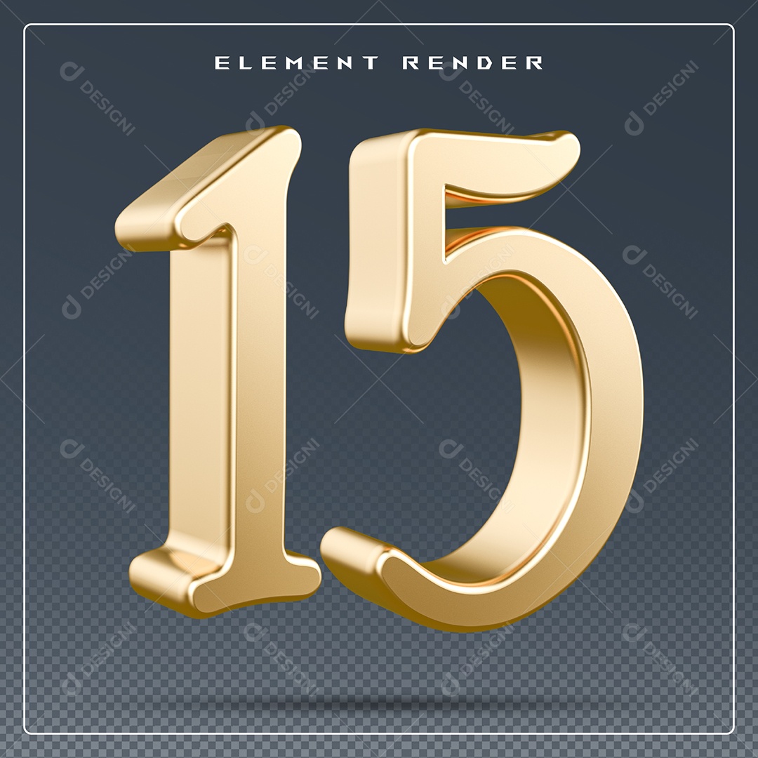 Elemento 3D Número 15 Dourado para Composição PSD