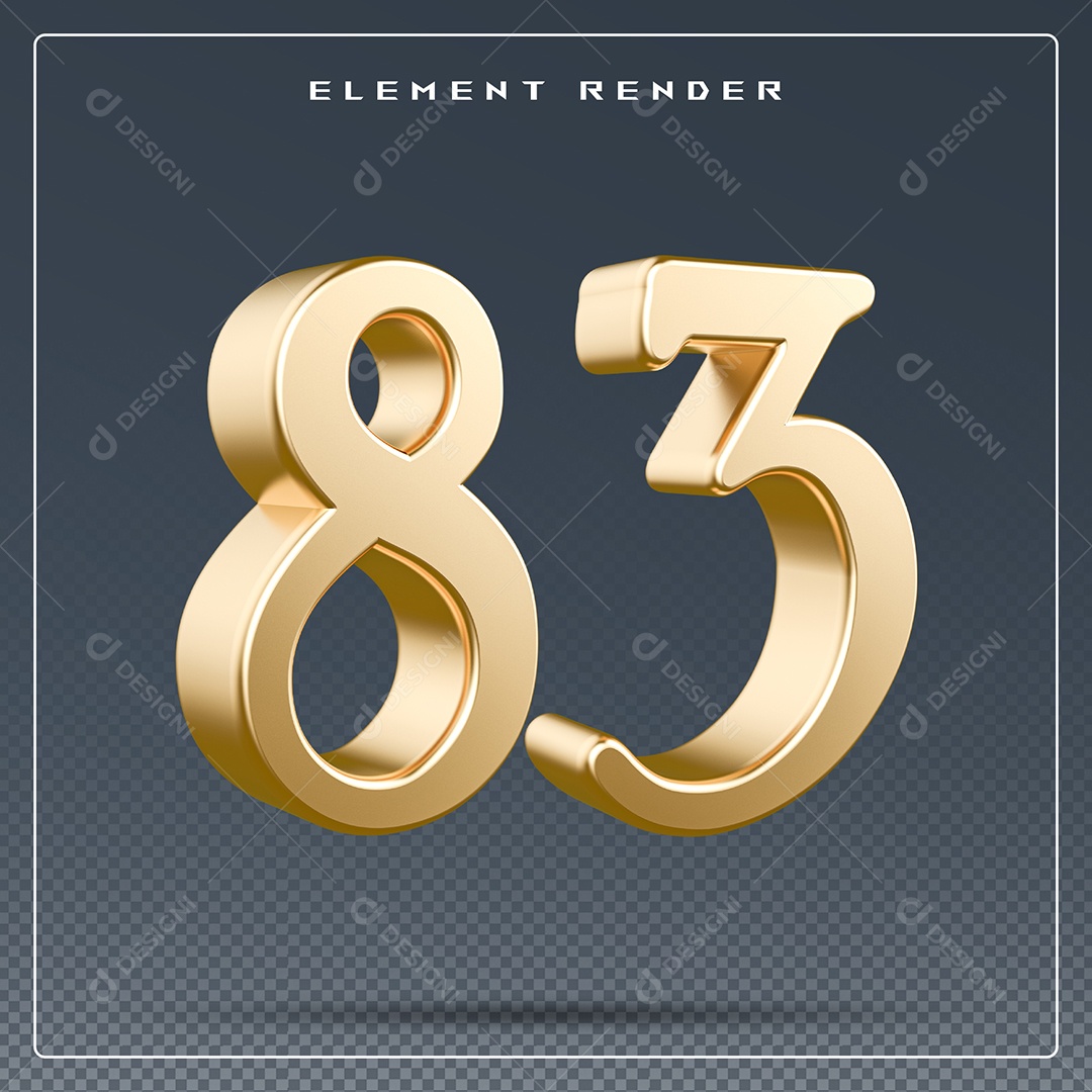 Elemento 3D Número 83 Dourado para Composição PSD