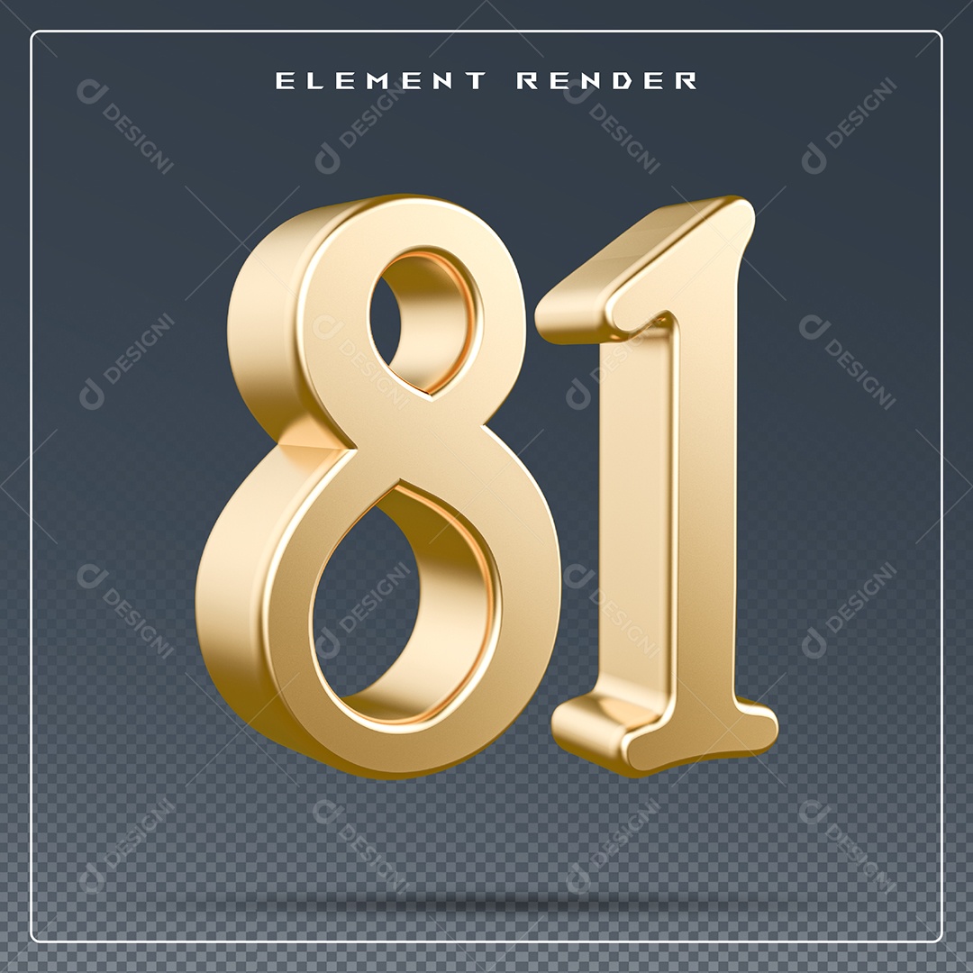 Elemento 3D Número 81 Dourado para Composição PSD