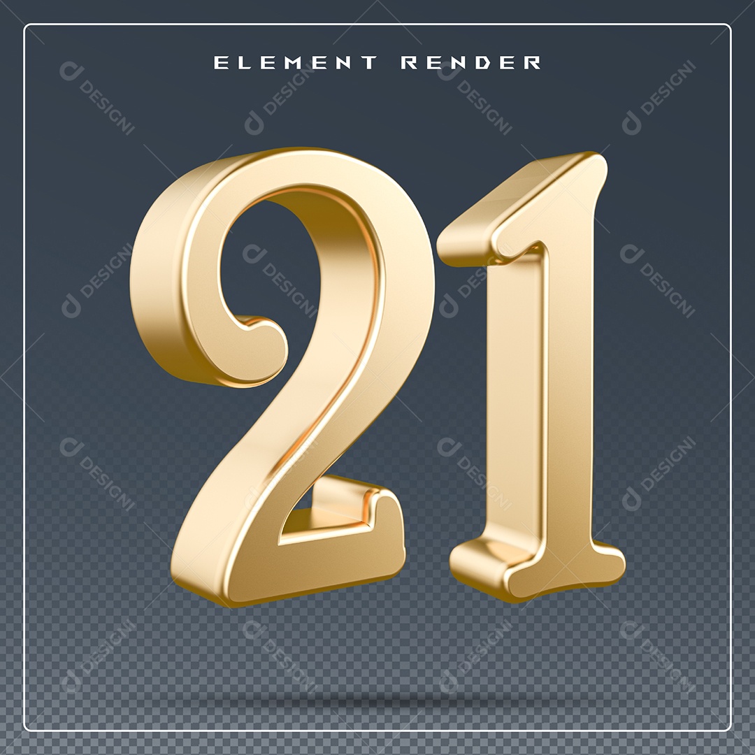 Elemento 3D Número 21 Dourado para Composição PSD