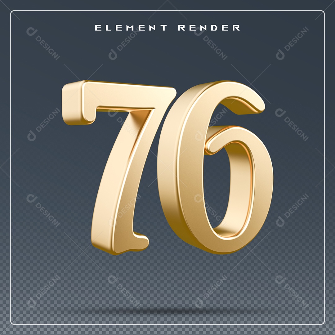 Elemento 3D Número 76 Dourado para Composição PSD
