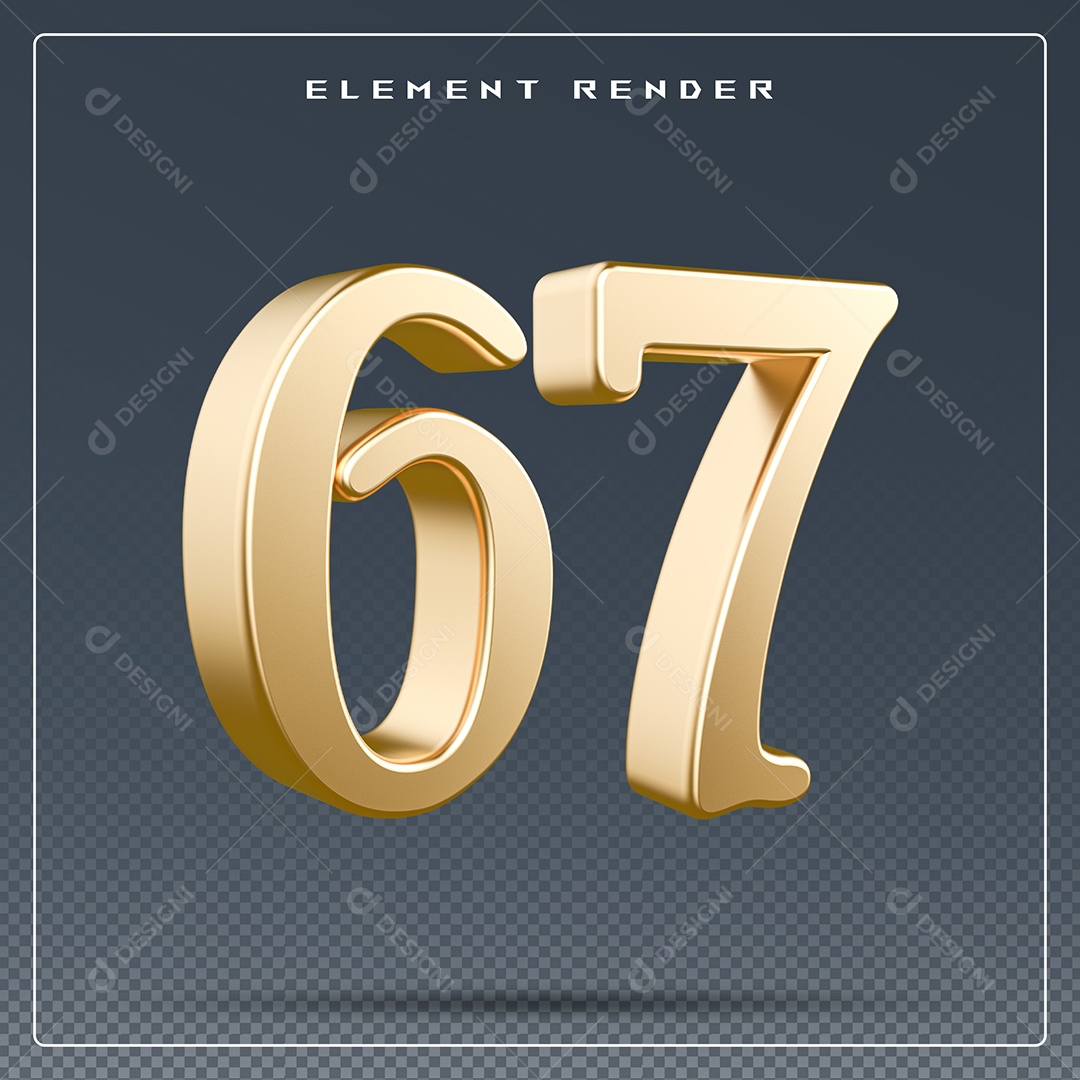 Elemento 3D Número 67 Dourado para Composição PSD