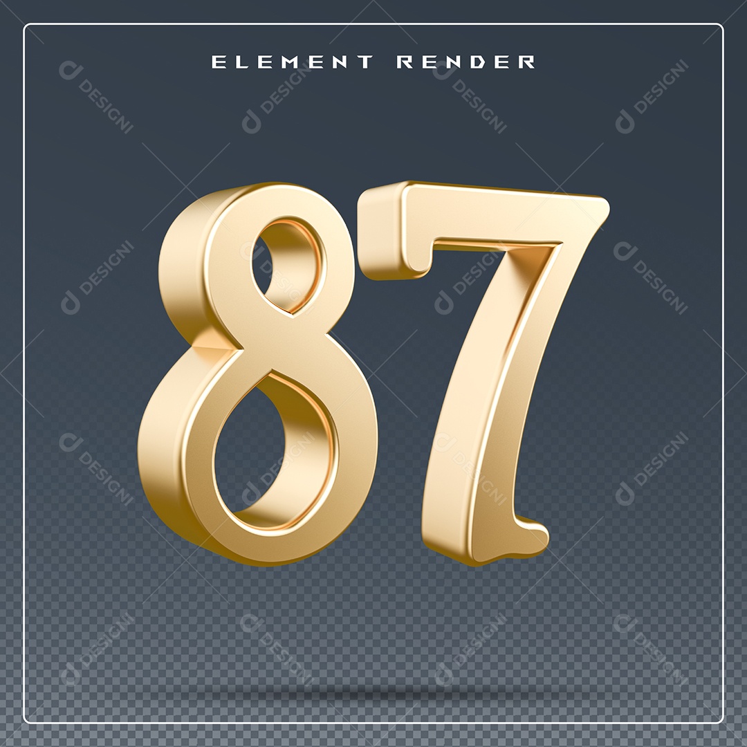 Elemento 3D Número 87 Dourado para Composição PSD