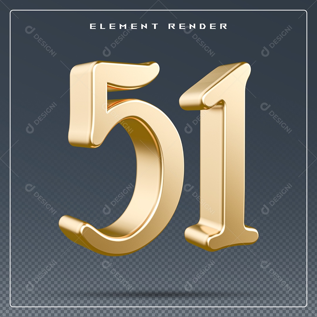 Elemento 3D Número 51 Dourado para Composição PSD