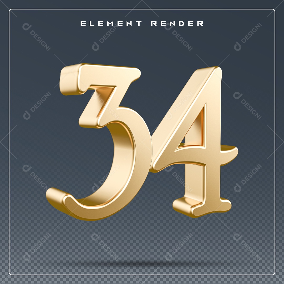 Elemento 3D Número 34 Dourado para Composição PSD