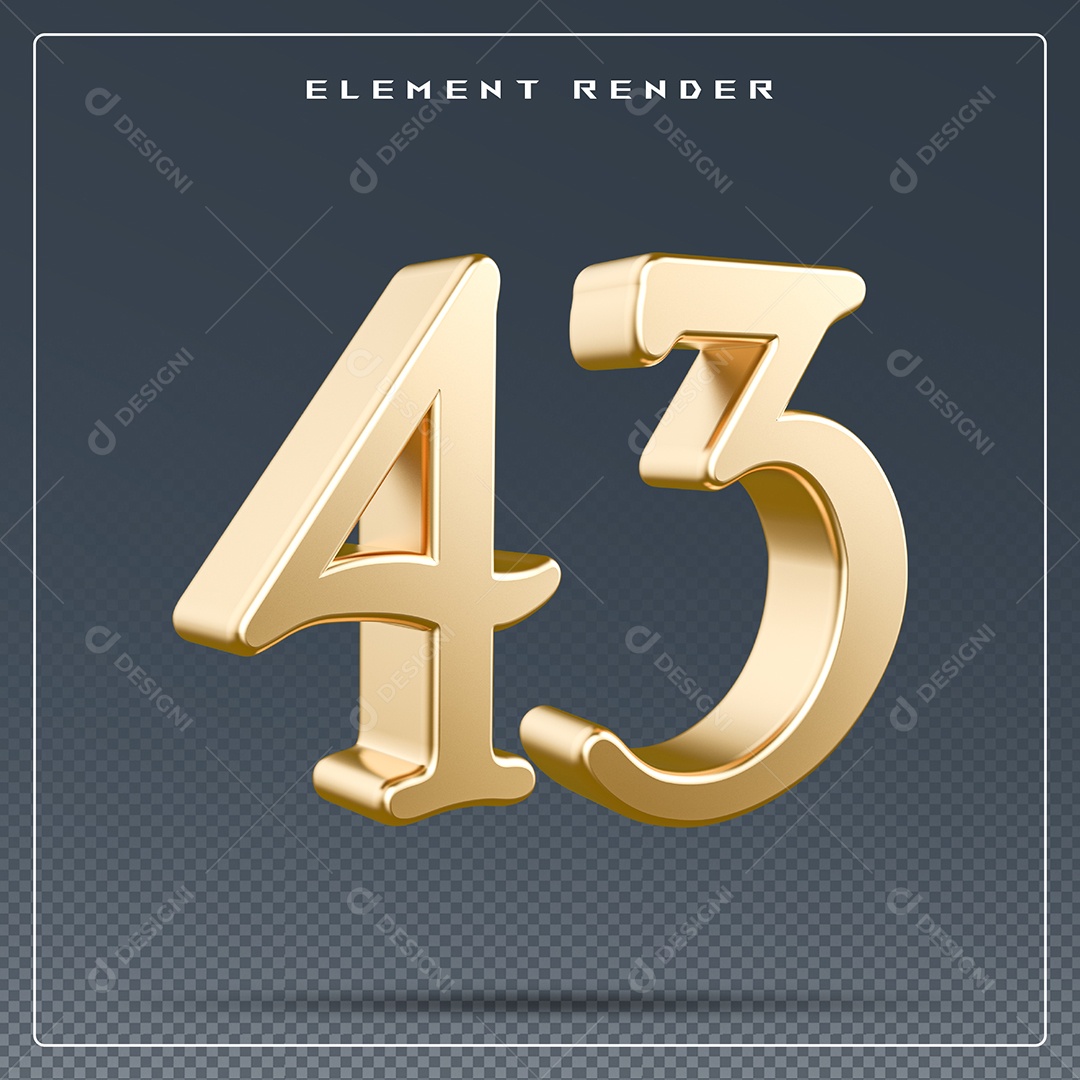 Elemento 3D Número 43 Dourado para Composição PSD
