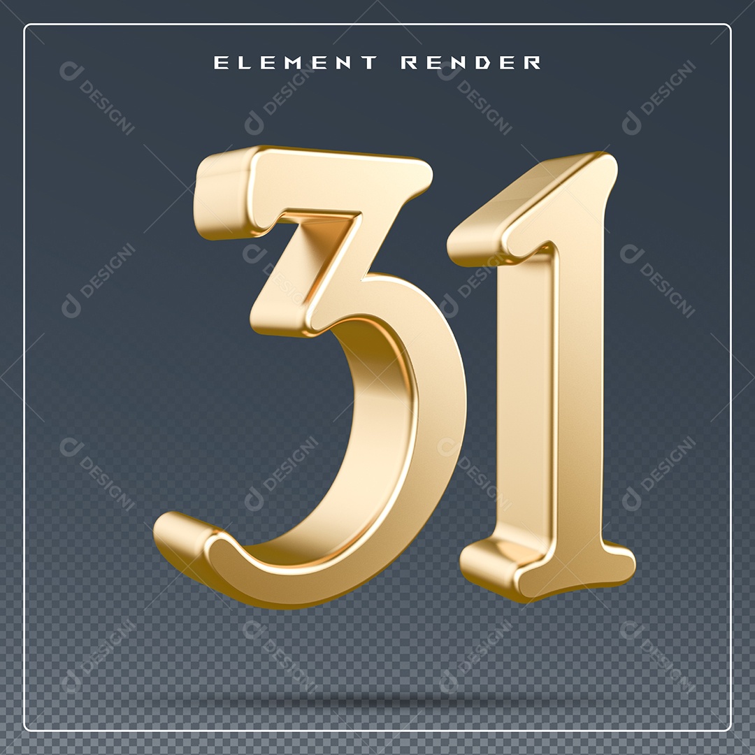 Elemento 3D Número 31 Dourado para Composição PSD