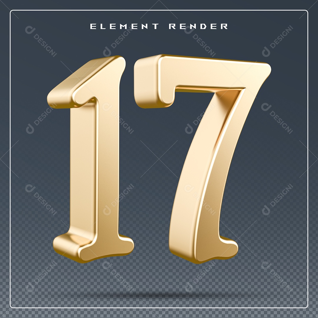 Elemento 3D Número 17 Dourado para Composição PSD