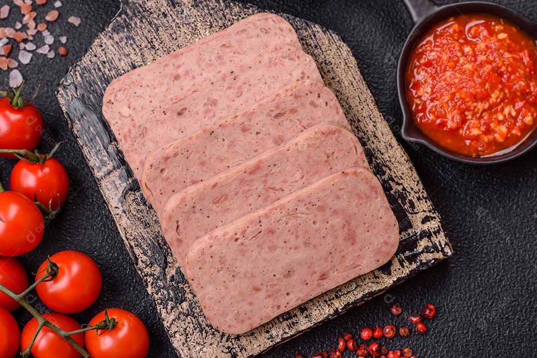 Delicioso presunto enlatado com especiarias rosa ou presunto com sal, especiarias e ervas