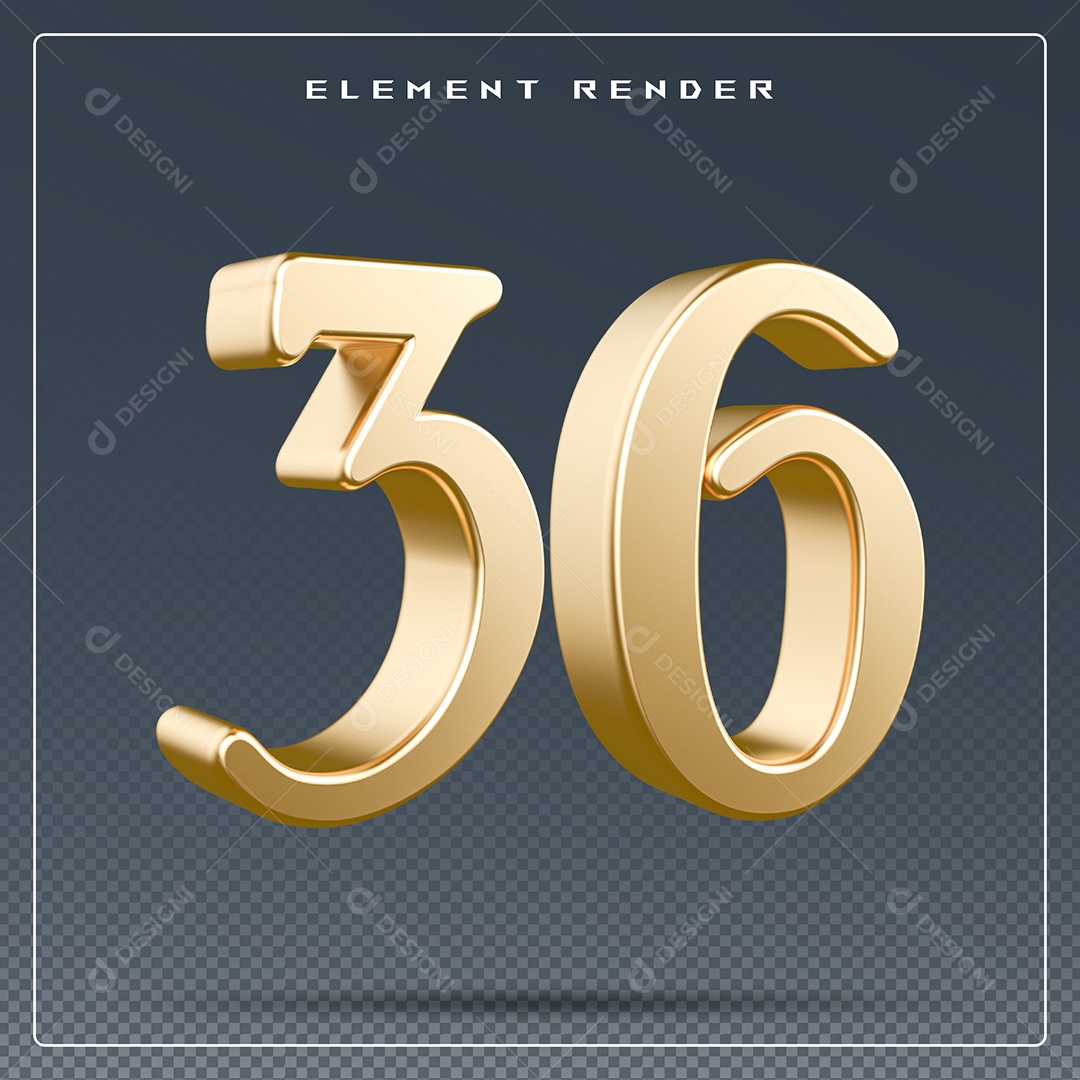 Elemento 3D Número 36  Douradopara Composição PSD