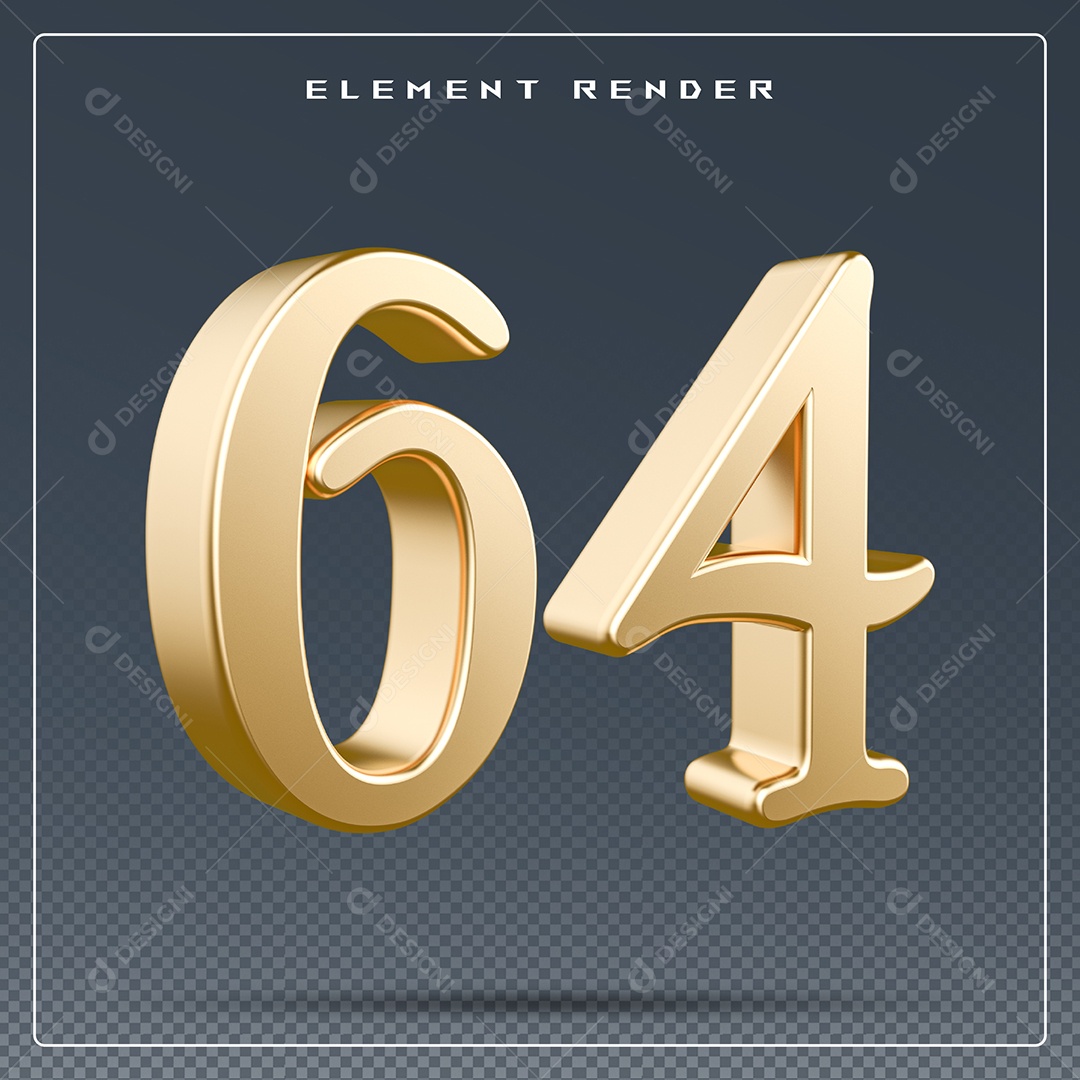 Elemento 3D Número 64  Dourado para Composição PSD