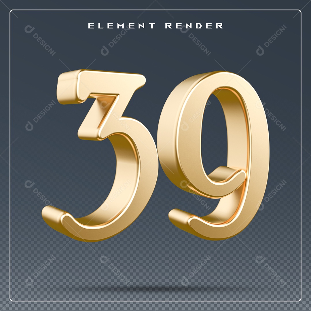 Elemento 3D Número 39  Dourado para Composição PSD