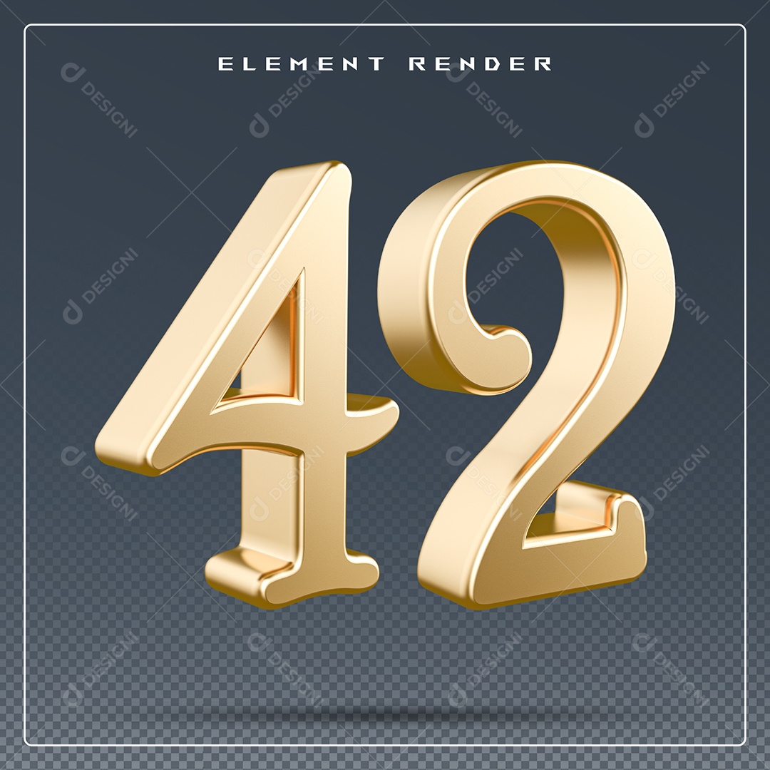 Elemento 3D Número 42  Dourado para Composição PSD