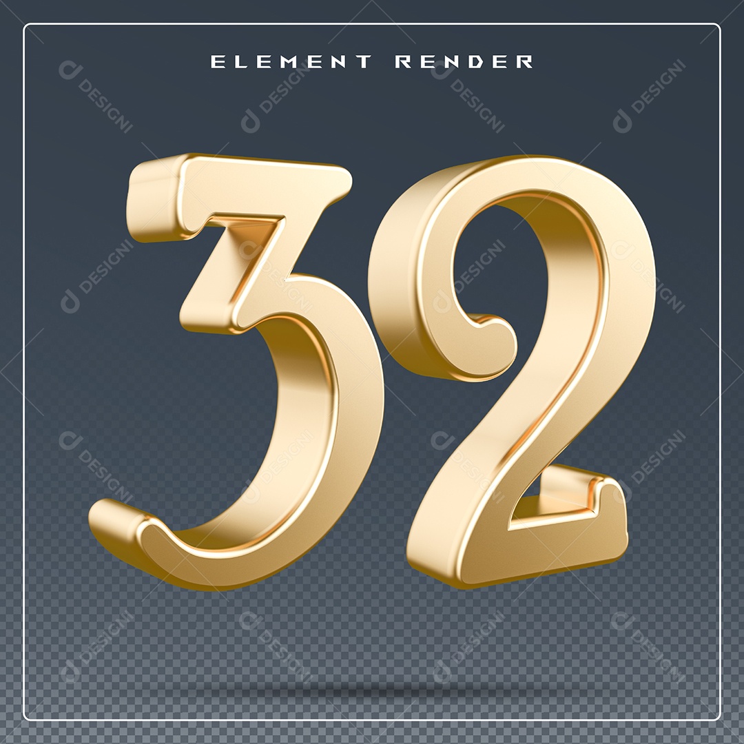 Elemento 3D Número 32  Dourado para Composição PSD
