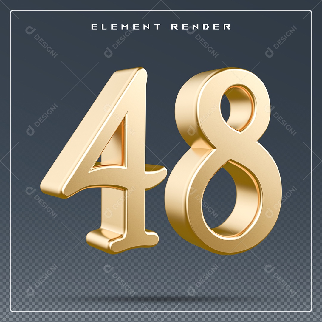 Elemento 3D Número 48  Dourado para Composição PSD