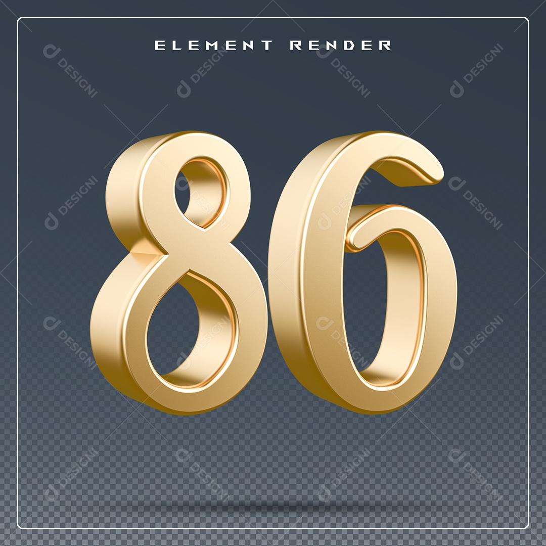 Elemento 3D Número 86  Dourado para Composição PSD