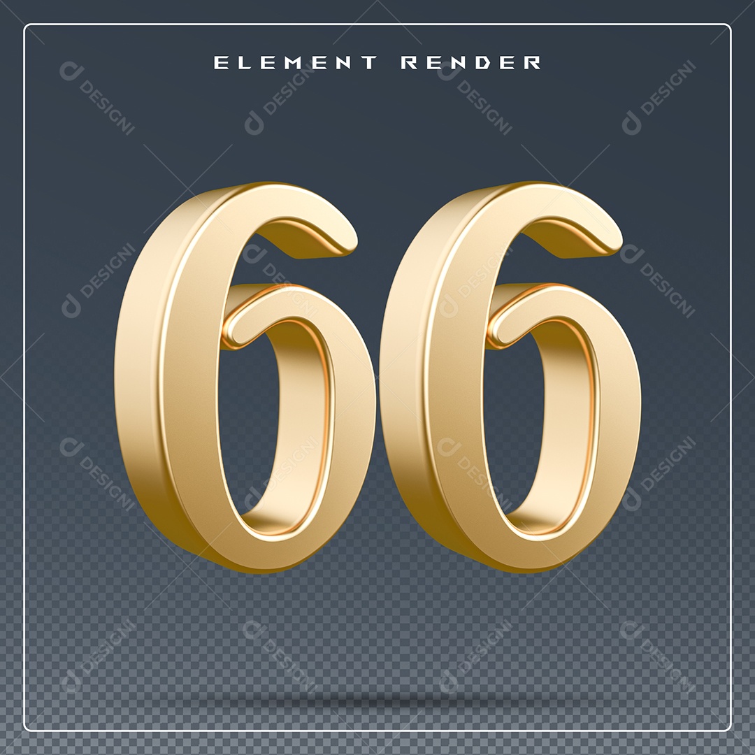 Elemento 3D Número 66  Dourado para Composição PSD