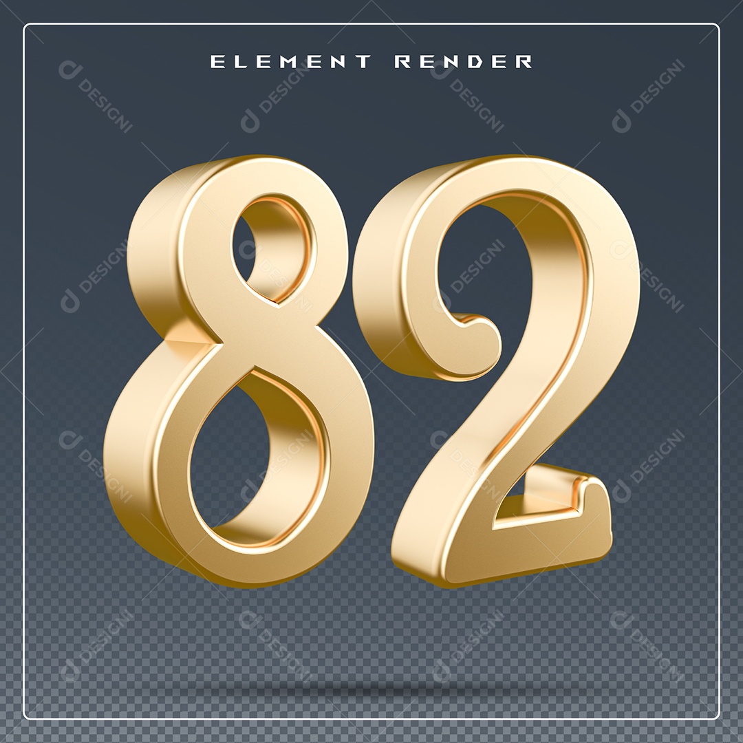 Elemento 3D Número 82  Dourado para Composição PSD