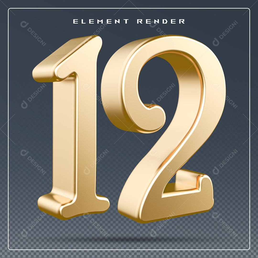 Elemento 3D Número 12  Dourado para Composição PSD
