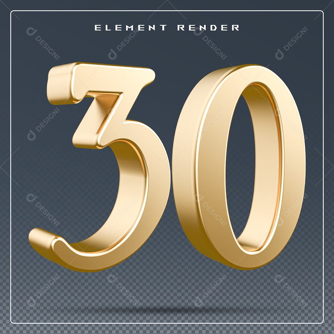 Elemento 3D Número 30  Dourado para Composição PSD
